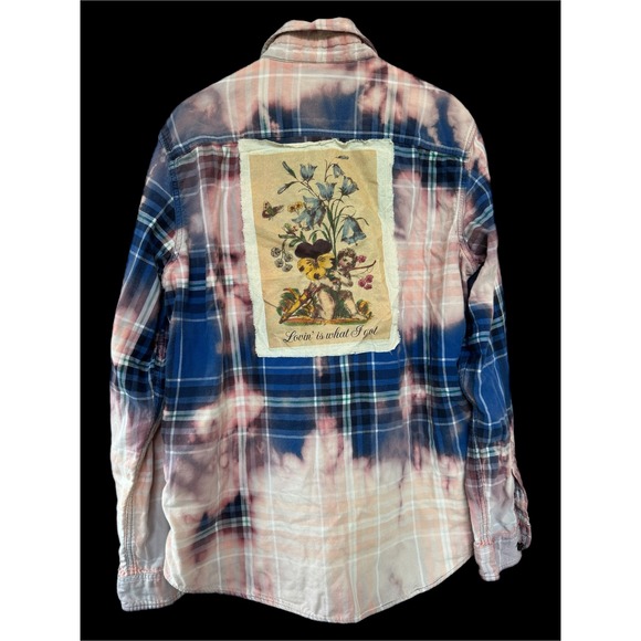 Tops - Lovin' Is What I Got" Bleached Cotton Flannel Shirt Large Folk Art